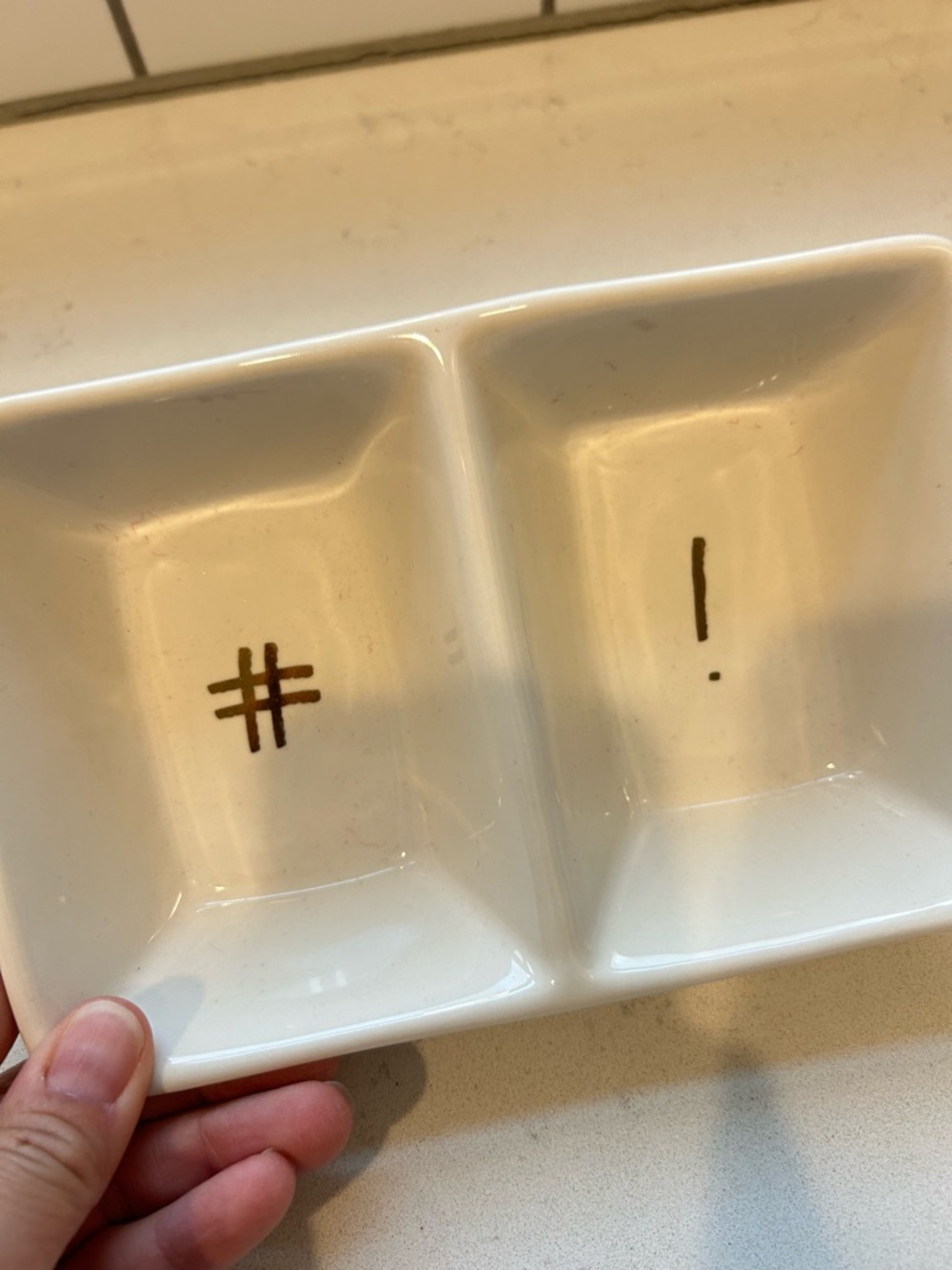 Rae Dunn White Ceramic Double Dish with Gold Symbol Accents